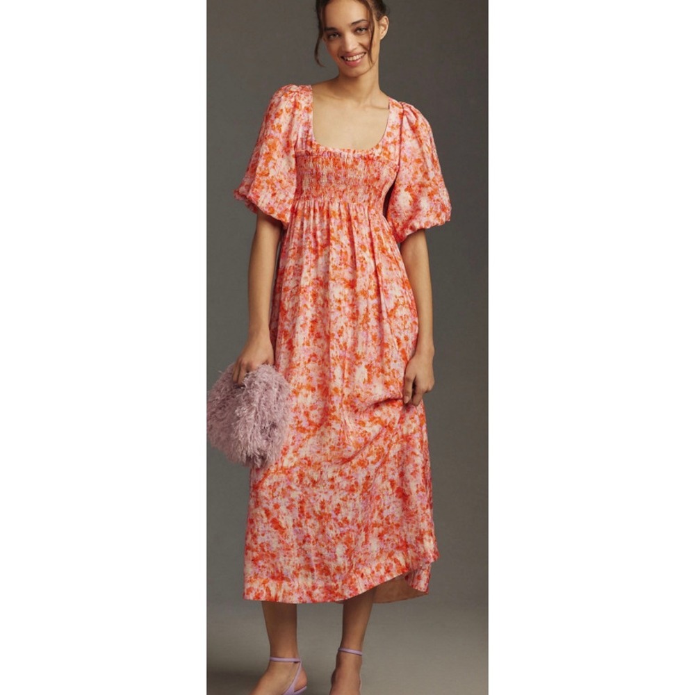 Anthropologie Smocked Babydoll Midi Dress Pink Orange Floral M Medium